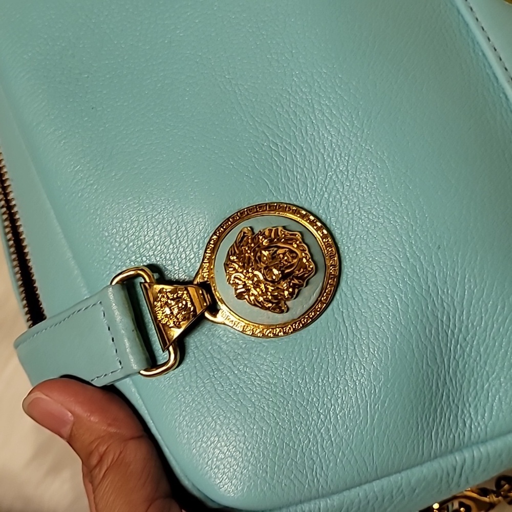 Rare Versace Aqua Leather Shoulder Bag with Gold Accents - Picture 8 of 17
